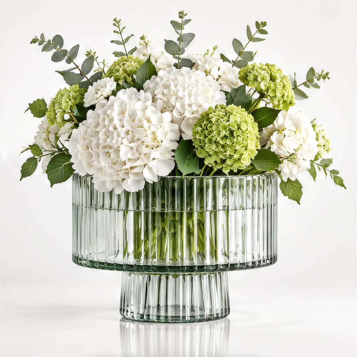 VELOQIAO Smoke Green Wide Bowl Pedestal Vase - with white hydrangeas and eucalyptus