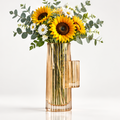 VELOQIAO Amber Gold Handled Cylinder Ribbed Vase - with sunflowers and daisies