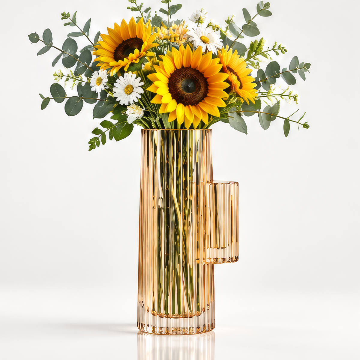 VELOQIAO Amber Gold Handled Cylinder Ribbed Vase - with sunflowers and daisies