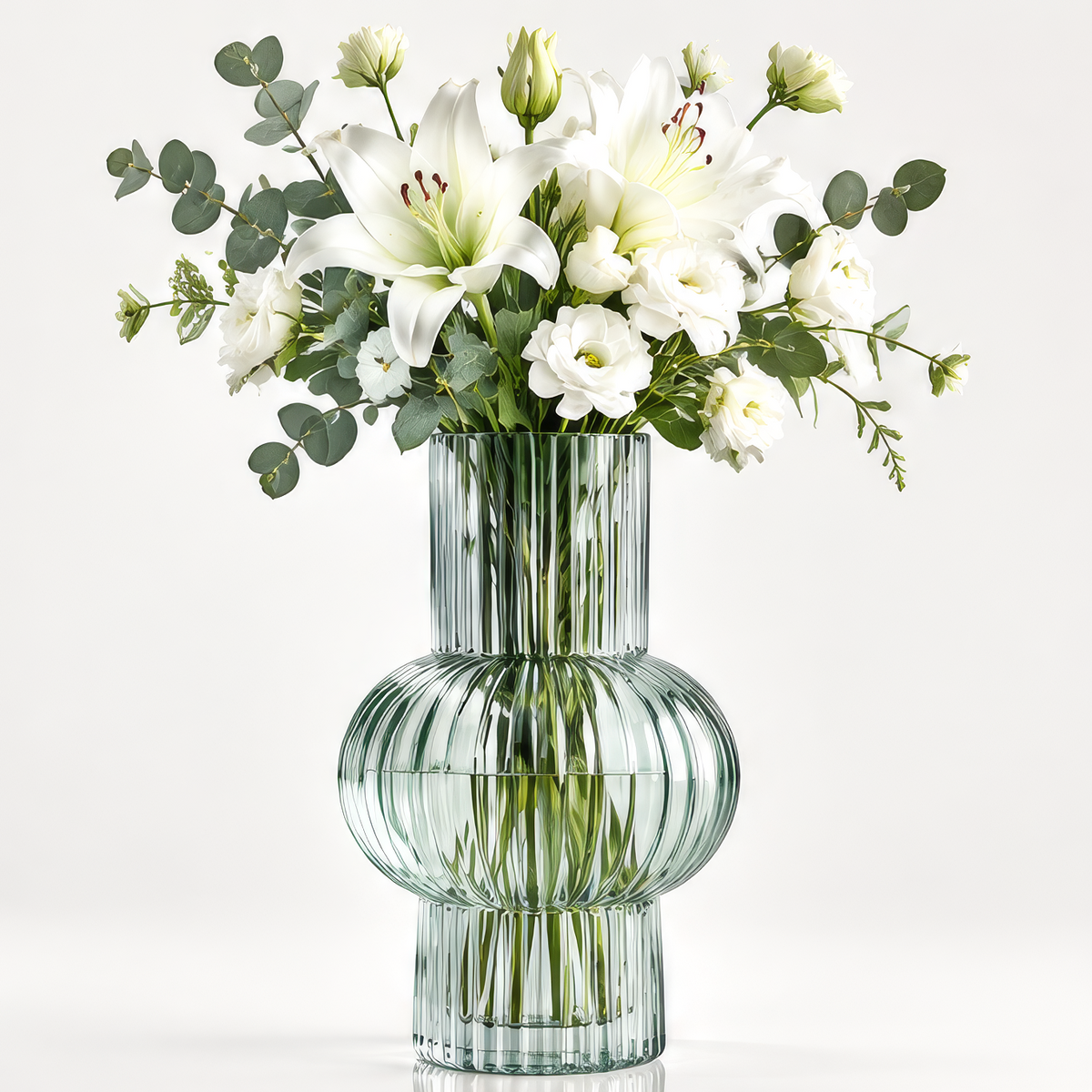 VELOQIAO Ribbed Orb Stack Glass Vase - with white lilies and eucalyptus