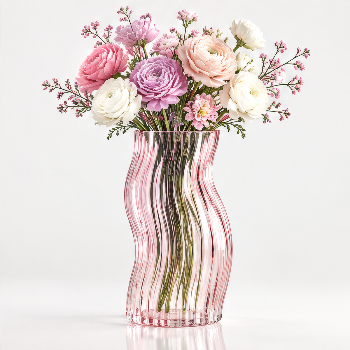 VELOQIAO Rose Pink Wave Curve Waisted Ribbed Vase - a statement of refined living