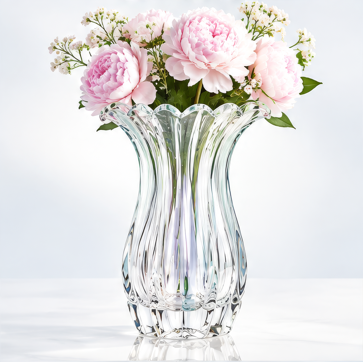 VELOQIAO Bloom Ruffle Crystal Vase - with pink peonies