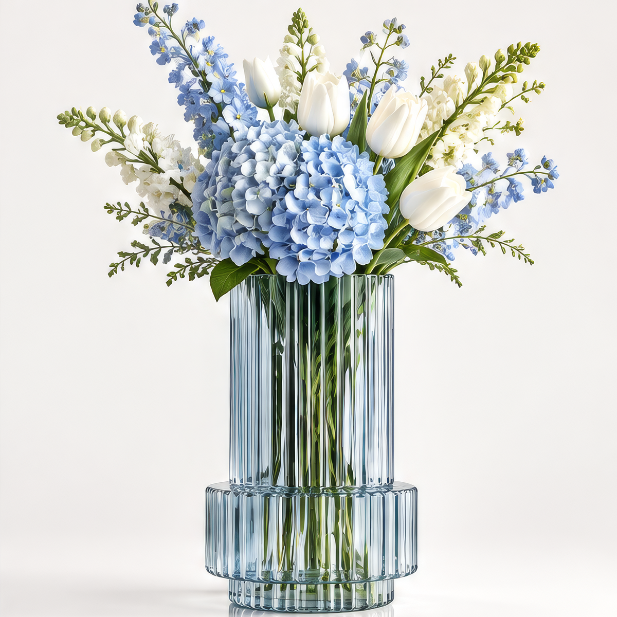 VELOQIAO Steel Blue Column Pedestal Vase - with blue hydrangeas and white tulips