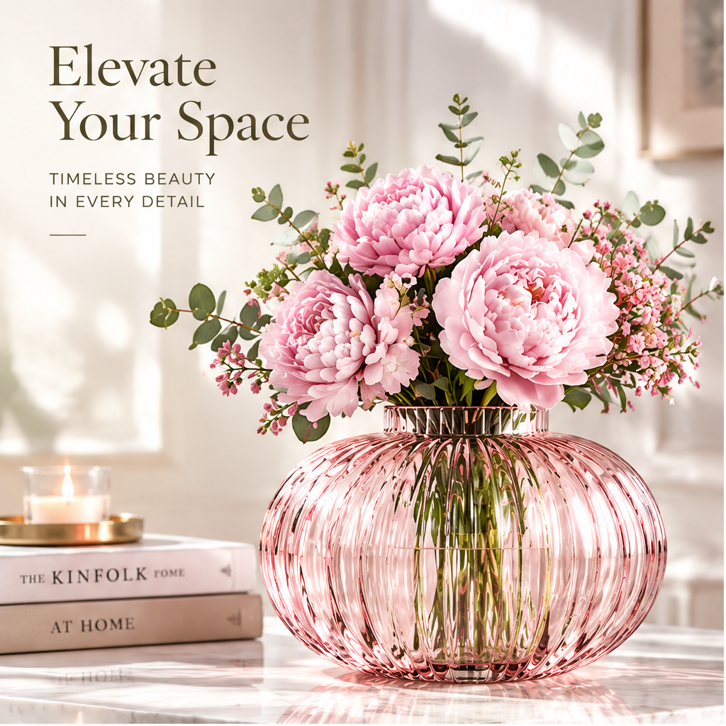 VELOQIAO Blush Pink Pumpkin Ribbed Globe Vase - with pink peonies and eucalyptus