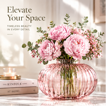 VELOQIAO Blush Pink Pumpkin Ribbed Globe Vase - with pink peonies and eucalyptus