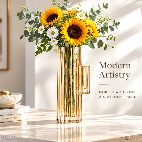 VELOQIAO Amber Gold Handled Cylinder Ribbed Vase - modern artistry statement piece