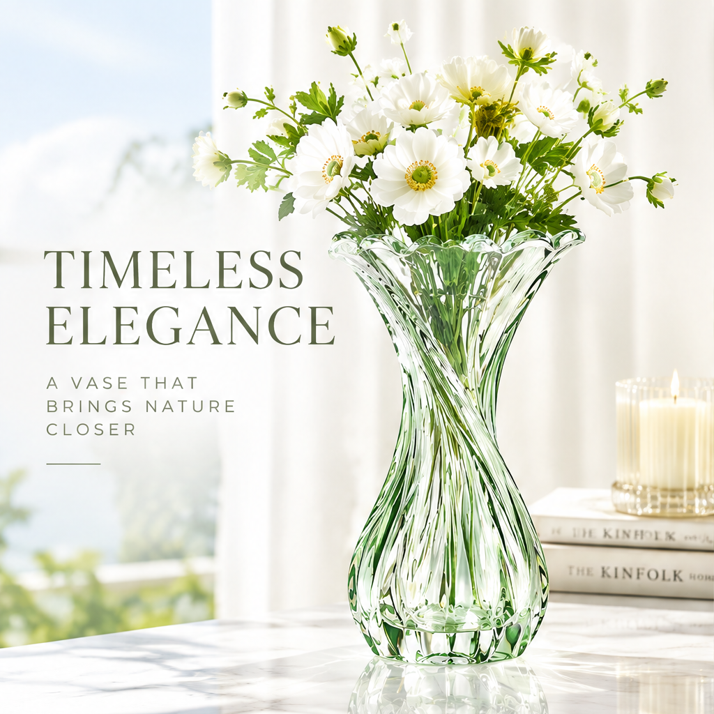 VELOQIAO Sage Twist Trumpet Flare Vase - with white cosmos flowers