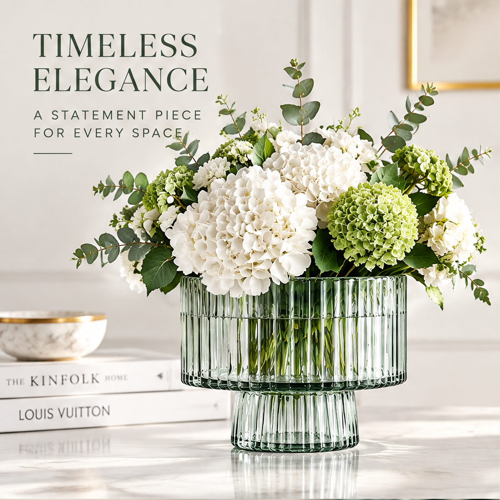 VELOQIAO Smoke Green Wide Bowl Pedestal Vase - timeless elegance statement piece