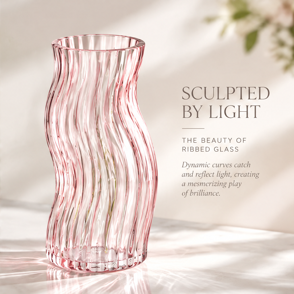 VELOQIAO Rose Pink Wave Curve Waisted Ribbed Vase - with pink ranunculus and lavender blooms
