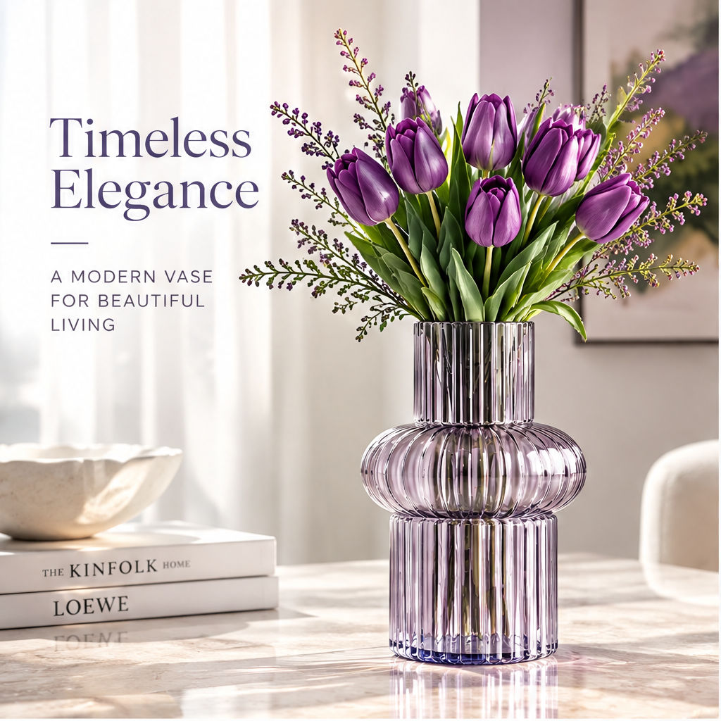 VELOQIAO Lavender Sculpted Totem Ribbed Vase - with purple tulips bouquet