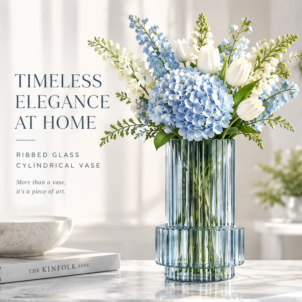 VELOQIAO Steel Blue Column Pedestal Vase - timeless elegance at home