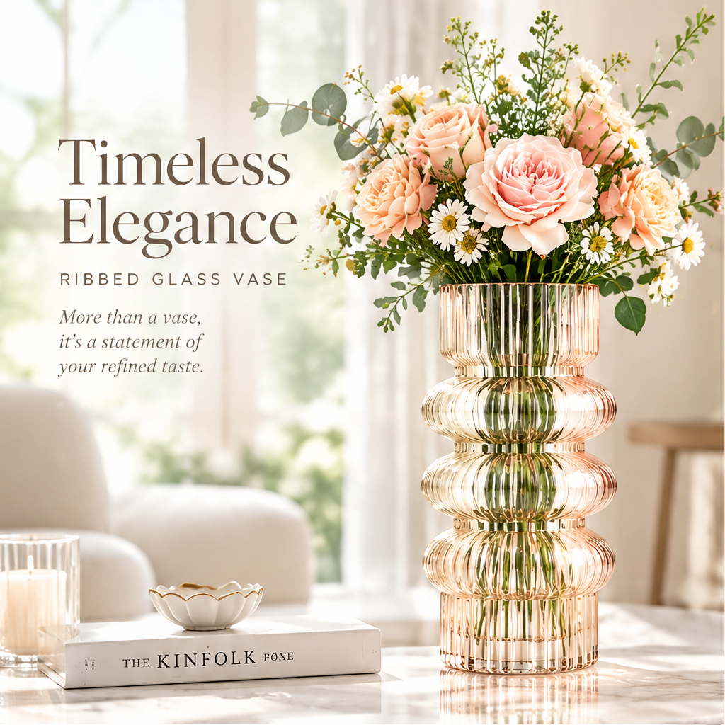 VELOQIAO Rose Gold Tiered Ring Ribbed Vase - details define quality