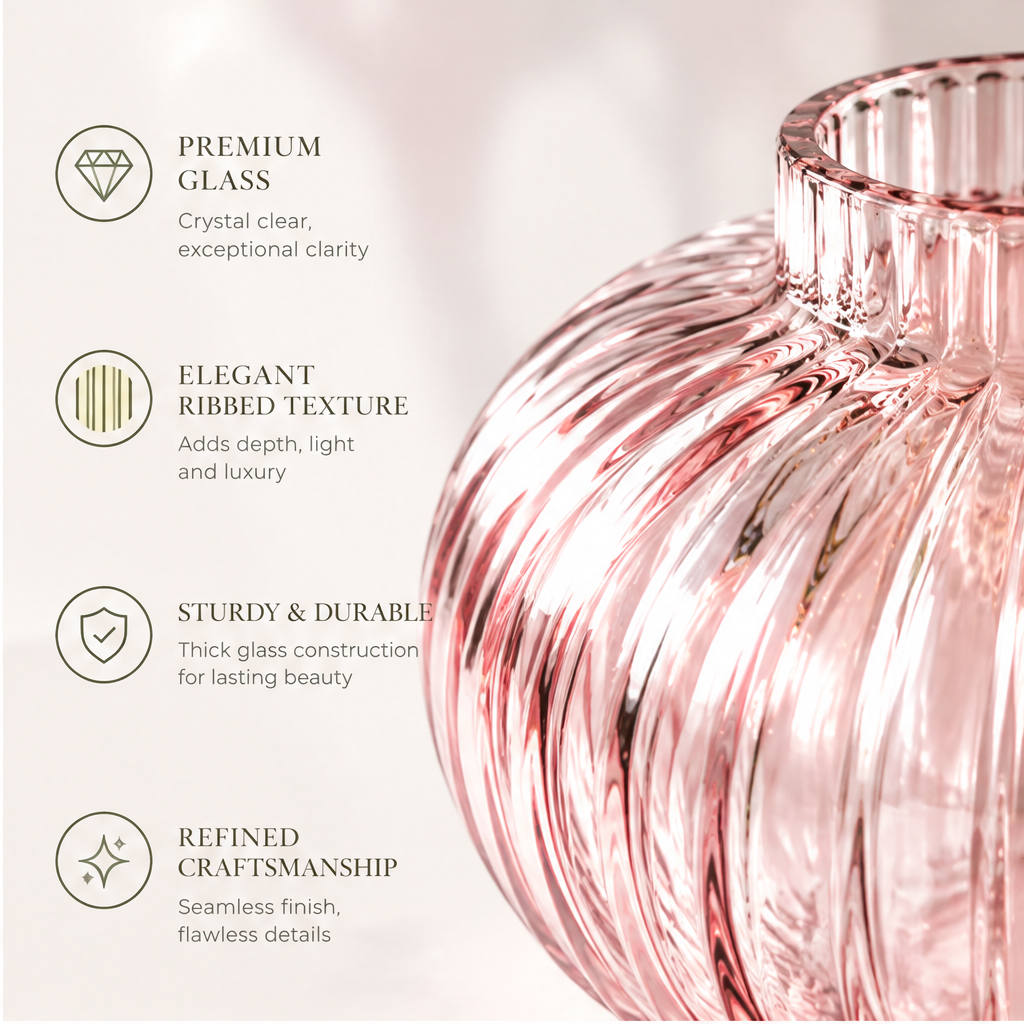 VELOQIAO Blush Pink Pumpkin Ribbed Globe Vase - elevate your space lifestyle