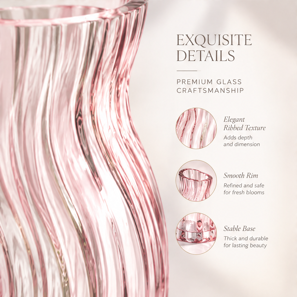 VELOQIAO Rose Pink Wave Curve Waisted Ribbed Vase - sculpted by light ribbed glass beauty