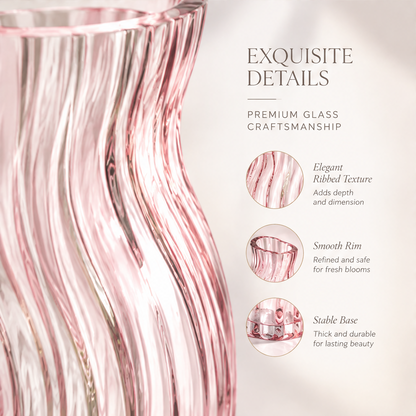 VELOQIAO Rose Pink Wave Curve Waisted Ribbed Vase - sculpted by light ribbed glass beauty