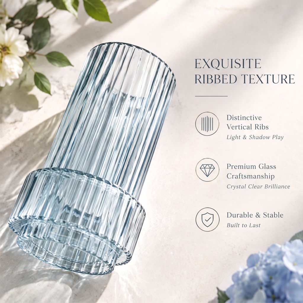 VELOQIAO Steel Blue Column Pedestal Vase - exquisite ribbed texture detail