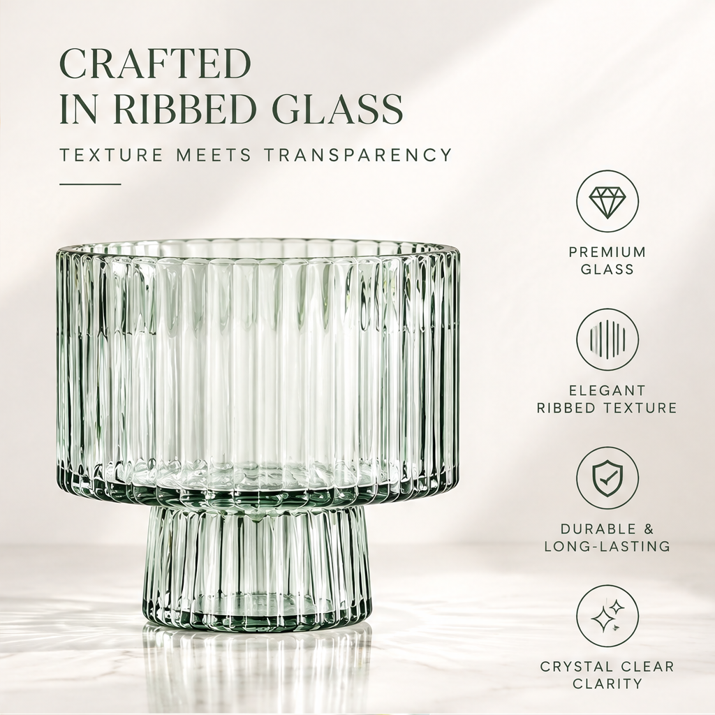 VELOQIAO Smoke Green Wide Bowl Pedestal Vase - crafted in ribbed glass