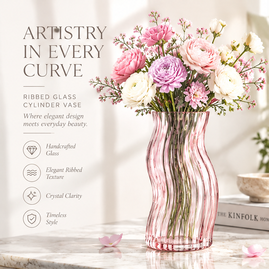VELOQIAO Rose Pink Wave Curve Waisted Ribbed Vase - exquisite details premium glass craftsmanship