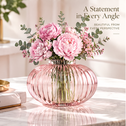 VELOQIAO Blush Pink Pumpkin Ribbed Globe Vase - premium glass elegant ribbed texture craftsmanship detail