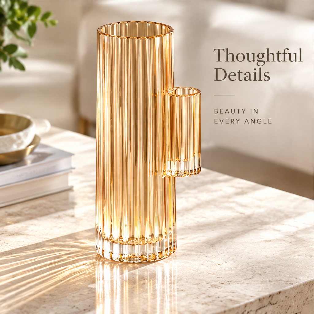 VELOQIAO Amber Gold Handled Cylinder Ribbed Vase - thoughtful details beauty in every angle