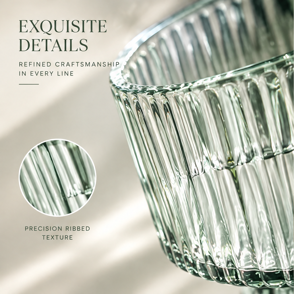 VELOQIAO Smoke Green Wide Bowl Pedestal Vase - exquisite details precision ribbed texture