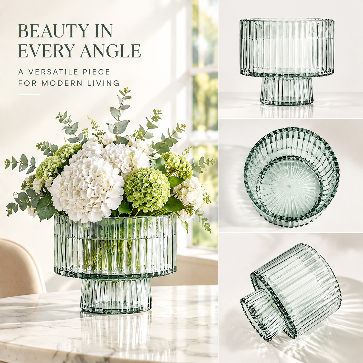 VELOQIAO Smoke Green Wide Bowl Pedestal Vase - beauty in every angle versatile piece