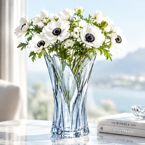 VELOQIAO Glacier Blue Petal Crown Vase - lifestyle with white flowers
