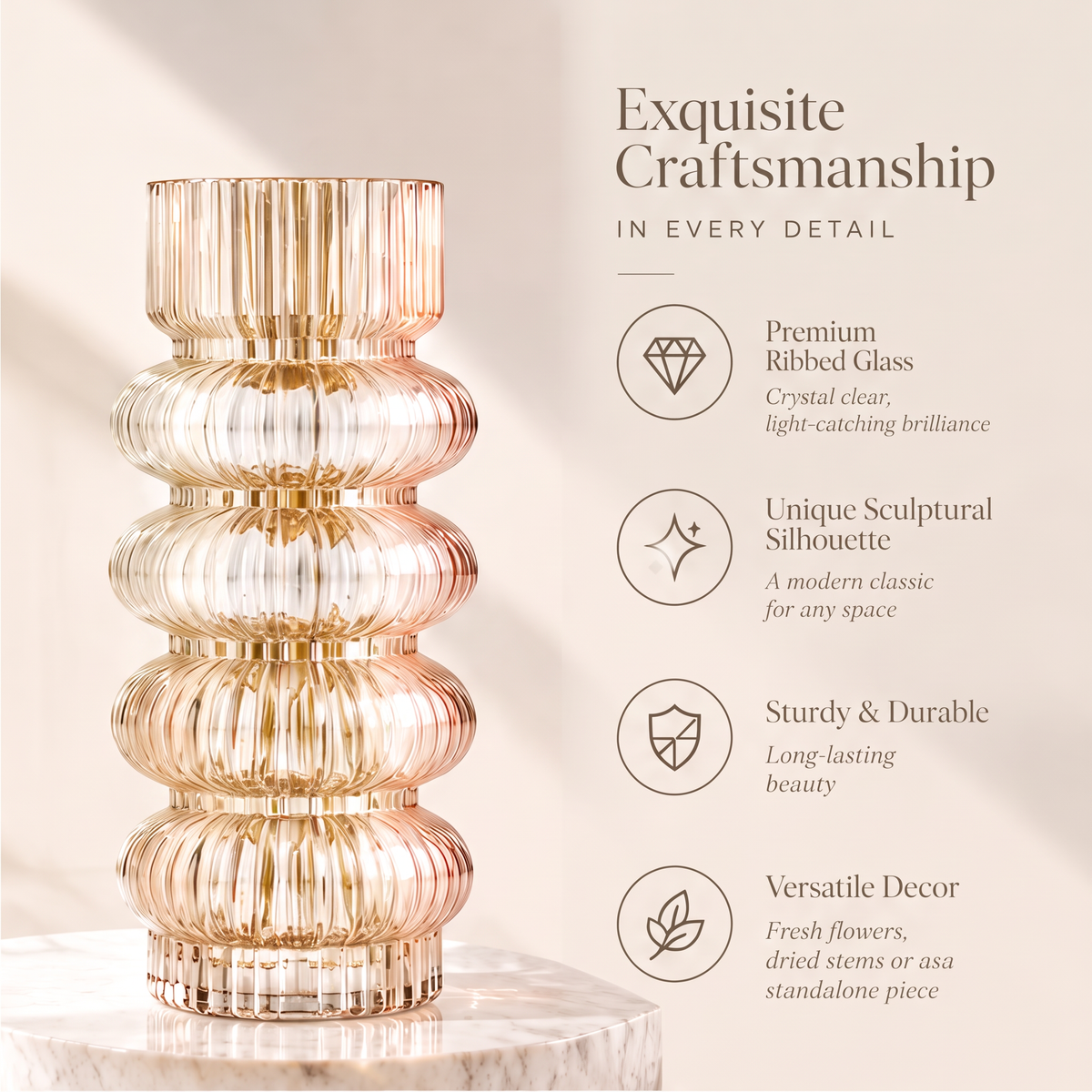 VELOQIAO Rose Gold Tiered Ring Ribbed Vase - light creates beauty