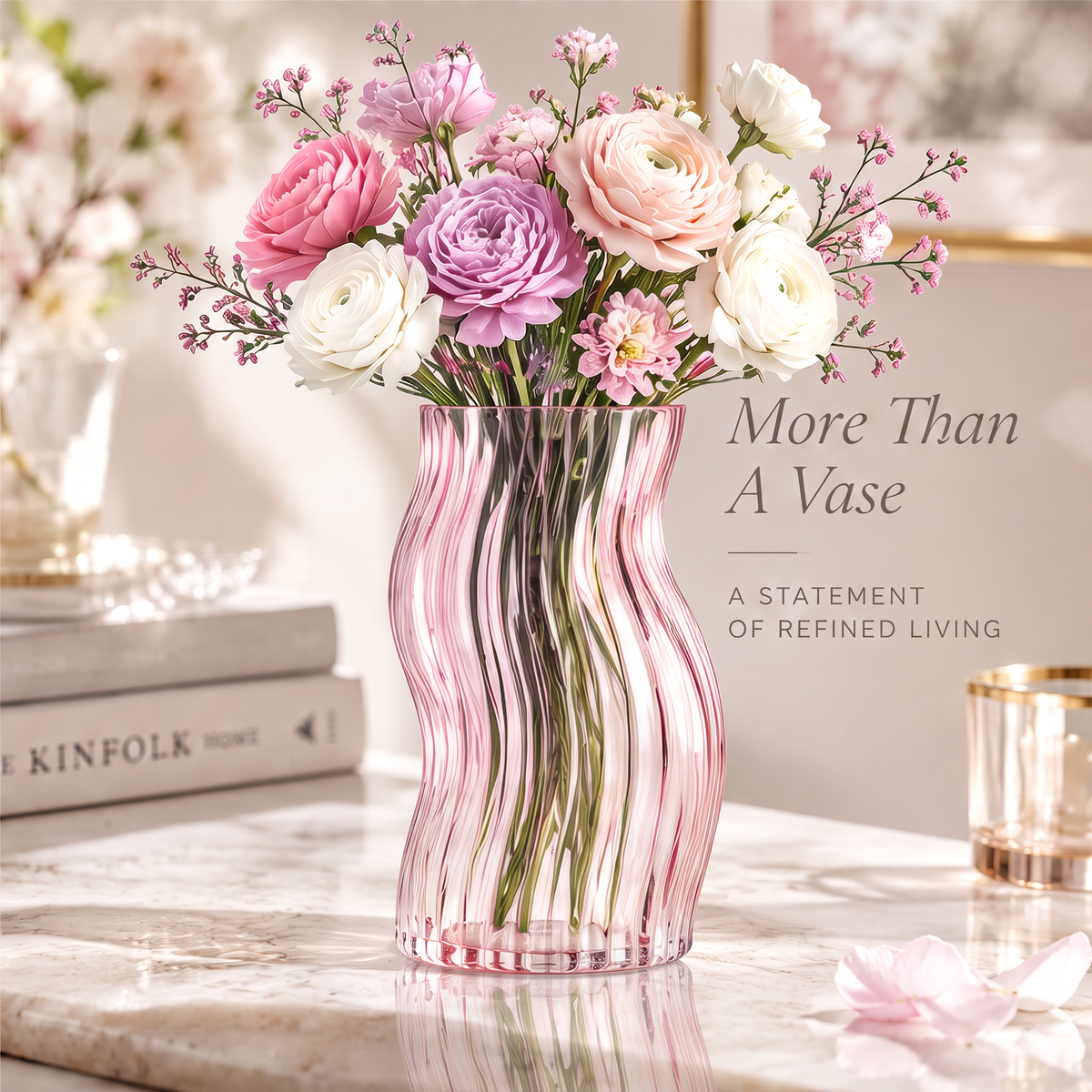 VELOQIAO Rose Pink Wave Curve Waisted Ribbed Vase - artistry in every curve lifestyle